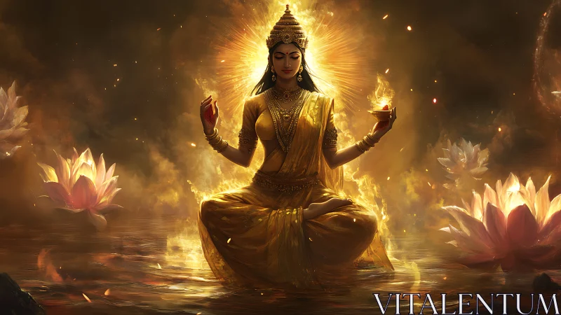 Golden goddess meditation over lotus lake under radiant halo.