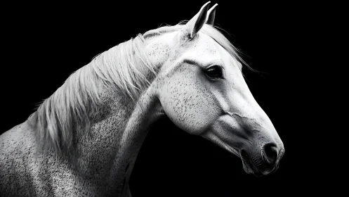White horse profile on black background in sharp focus.