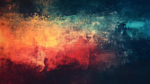 Abstract textured painting with vibrant red, orange, and blue hues.