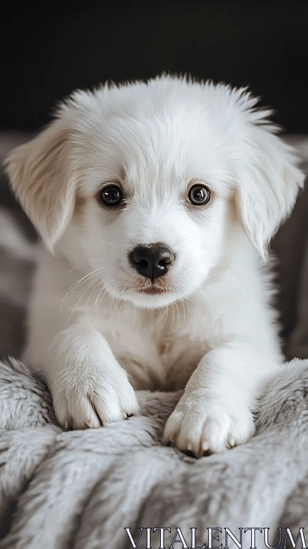 Photorealistic portrait of white puppy on soft textured throw.