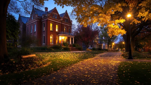 Brick residential street at dusk with autumn foliage lighting.