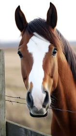 Chestnut horse head at fence with prominent white blaze.