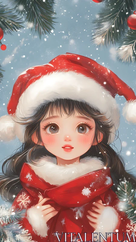 Snow-kissed girl in red Santa coat under evergreen boughs.