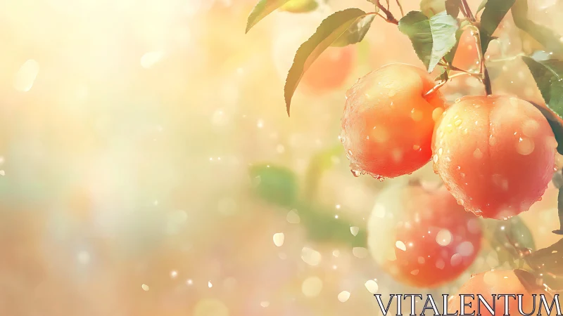 Dew‑coated ripe peaches on bokeh‑washed branch backdrop.