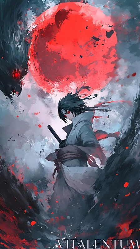 Moonlit ronin facing bloodred beast beneath shattering sky.