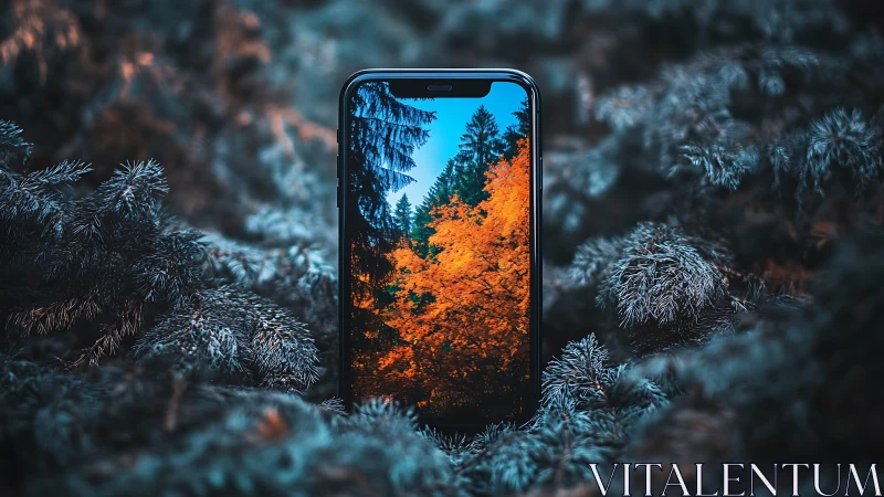 Smartphone Displays Autumn Forest in Winter Landscape Setting.
