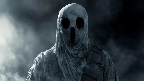 Cloth-shrouded figure with void mask emerges from volumetric fog