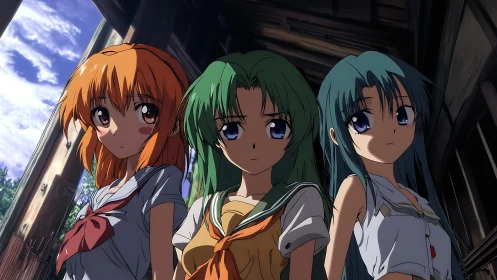 Low-angle triadic anime schoolgirls under wooden eaves