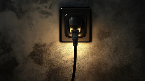 Illuminated black power plug in wall socket on textured plaster