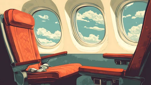 Empty red airplane seats face bright sky through windows