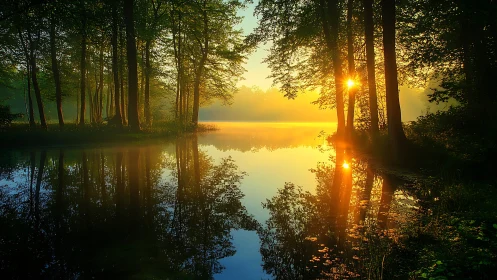 Radiative sunrise penetration through riparian forest canopy.