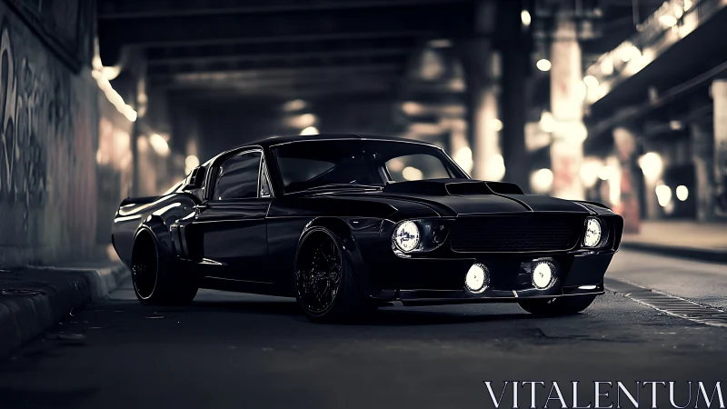 Photorealistic muscle car nocturne in cinematic tunnel setting.
