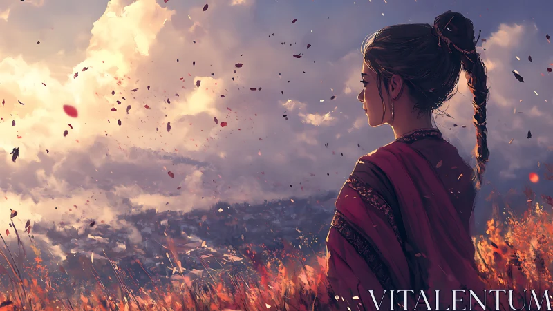 Woman stands in windswept field watching glowing clouded sky