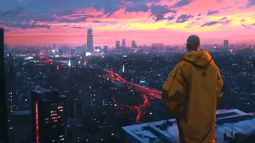 Solitary figure overlooking neon city at electric dusk.