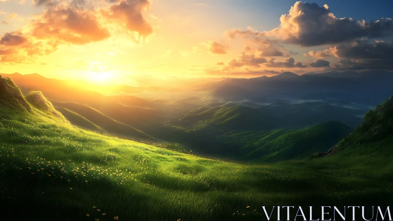 Sunlit grassy valley with distant layered mountain ranges.