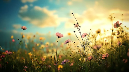 Cosmos and Wildflower Meadow with Golden Hour Illumination and Selective Focus Depth