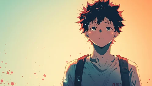 Quiet anime student under warm evening gradient sky.