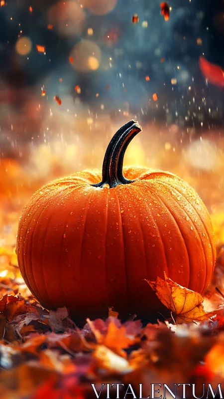 Autumn pumpkin glows amid falling leaves and warm bokeh.
