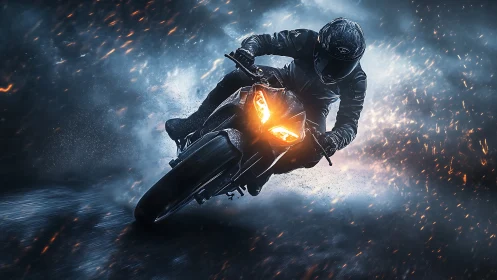 Headlights carve molten trails through a storm of sparks