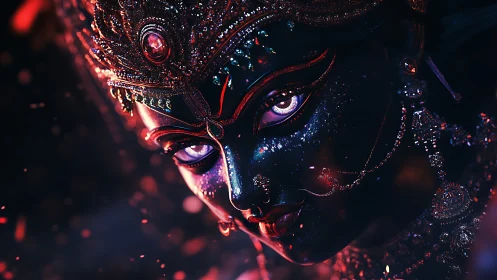 Intense close-up of jeweled dark goddess digital portrait.