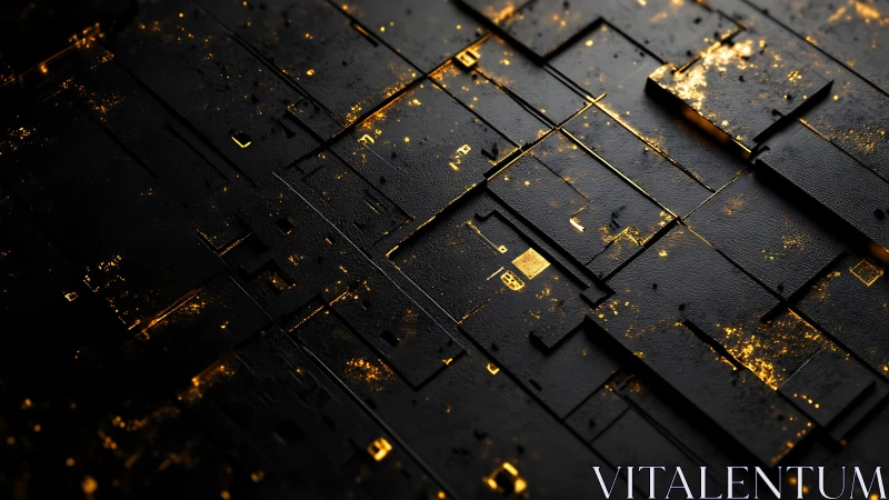 Dark geometric panels with glowing golden circuitry lines.