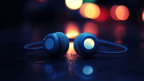 Low-key close-up of headphones with shallow depth and bokeh lighting