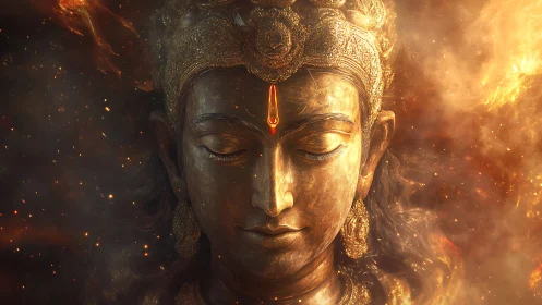 Divine golden deity face emerges amid swirling cosmic fire.