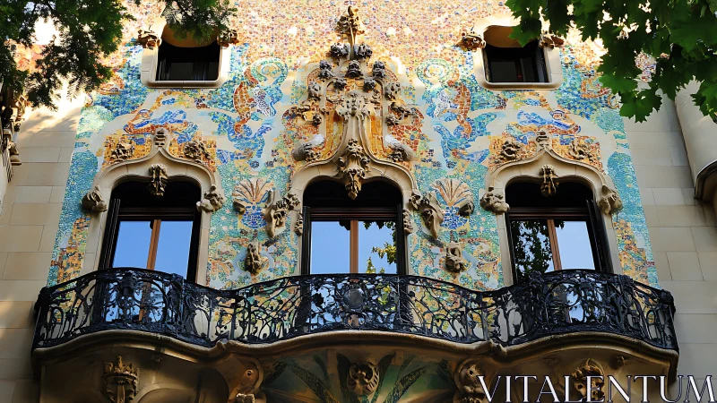 Colorful ornate building facade with mosaic and balcony.