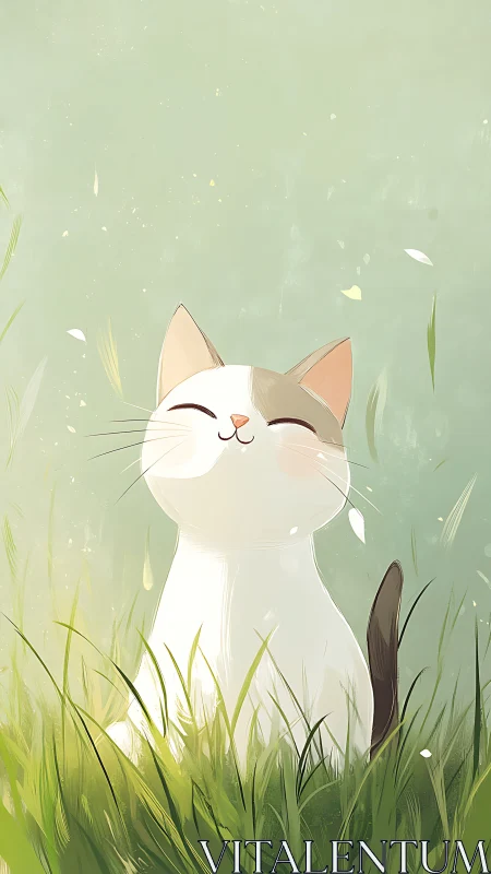 Happy cat sitting in grass with closed eyes and content expression.