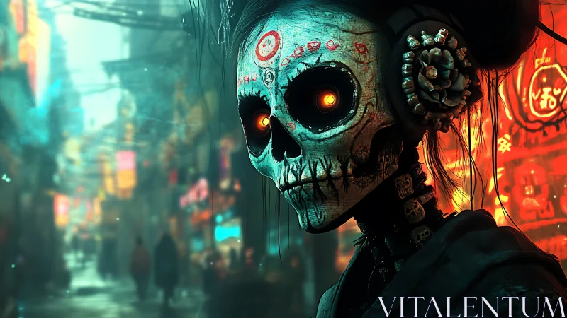 Cybernetic skull geisha glows under neon alley haze.