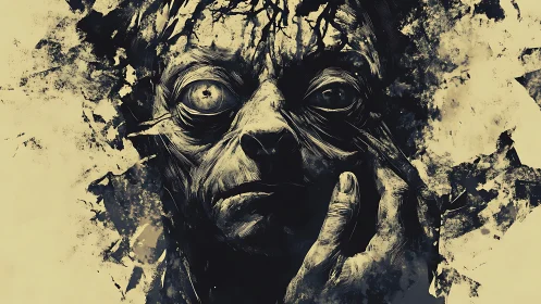 Haunting ink-sketched face emerging from swirling shadows.