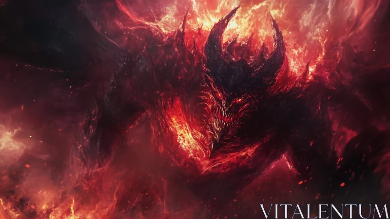 Infernal horned demon emerging from swirling cosmic fire.
