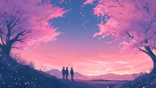Friends under glowing cherry blossoms at pastel sunset.