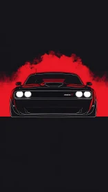 Front view illustration of black muscle car on red field.