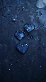 Three blue heart shapes with water droplets on dark textured surface