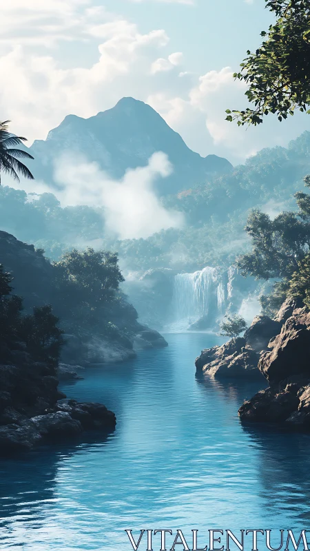 Tropical mountain waterfall with misty blue river corridor.