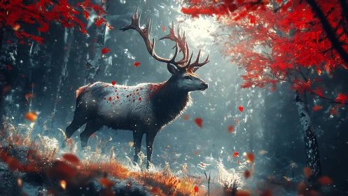 Majestic stag pauses in a glowing, crimson autumn forest