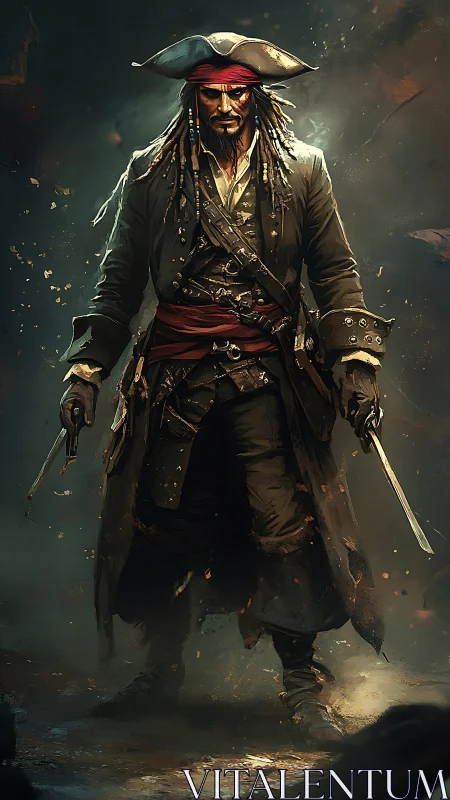Battle-worn pirate captain with twin swords in smoky haze