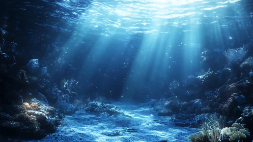 Sunlit ocean floor with coral reef and deep blue water.