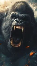 Roaring giant gorilla caught in a blaze of wild fury.