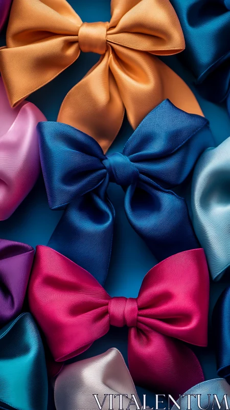 Colorful satin bows arranged on rich blue background