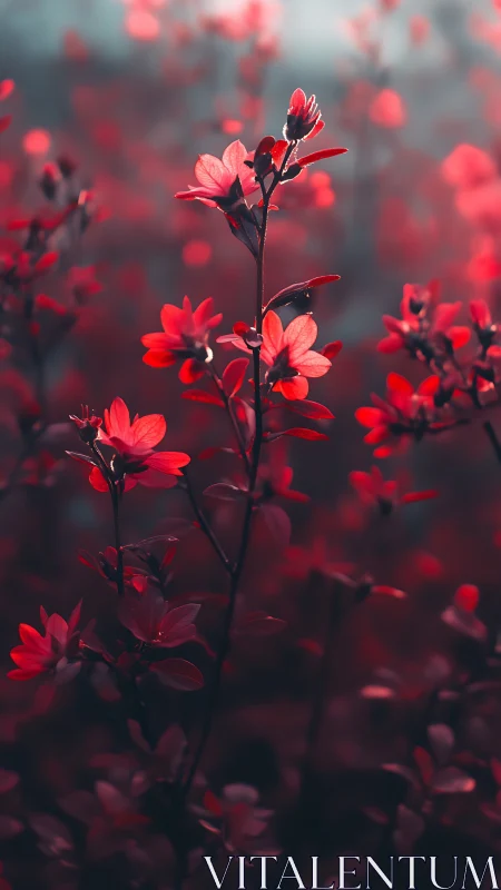 Crimson Blooms Rise Through Misty Garden Glow
