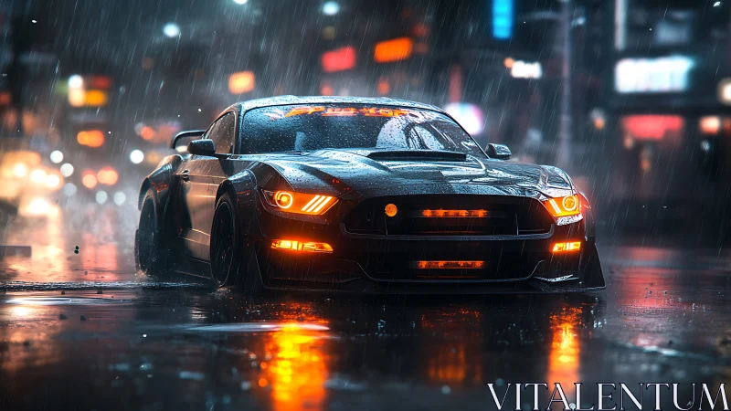 Black sports car on wet neon city street at night.