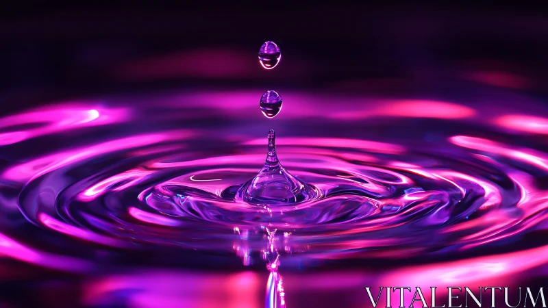 Neon water droplet forms luminous ripples in darkness.