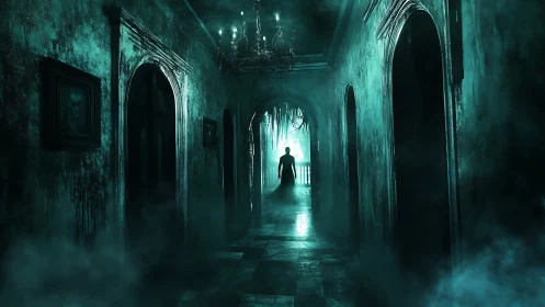 Candlelit phantom lingers in a drowned emerald corridor.