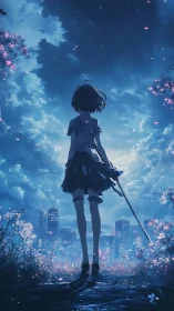 Midnight city duelist strides through neon-silver cherry haze.