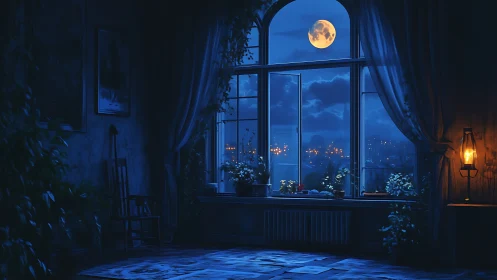 Moonlit bedroom interior with city view and oil lamp light.