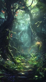 Enchanted Forest Path Through Luminous Canopy.