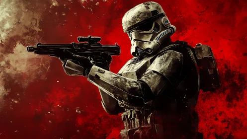 Galactic trooper poised against a storm of red light.