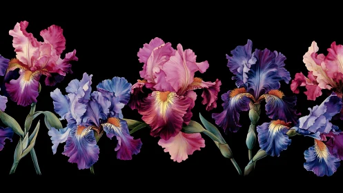 Photorealistic Iris Flowers in Chromatic Gradient Array Against Black Background